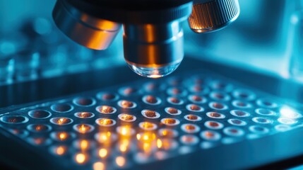 A closeup view of a microarray slide covered with tiny spots of DNA sequences positioned under a microscope emphasizing the intricate design used for screening genetically modified