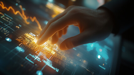 hand interacting with digital interface displaying data and graphs, showcasing modern technology and innovation. image conveys sense of engagement and exploration in high tech environment