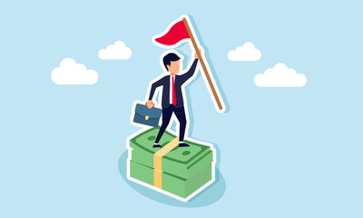 Businessman stands on a pile of money while raising a flagpole, illustration of success in gaining project profit or revenue growth