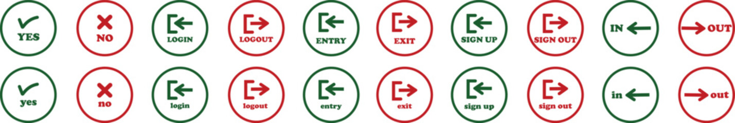 Login and logout icon set Set of sign out, Sign in vector vector collection. Open and close door symbol. Black in, out, exit and enter arrow, trendy flat style isolated on transparent background.