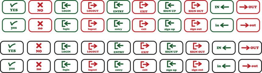 Login and logout icon set Set of sign out, Sign in vector vector collection. Open and close door symbol. Black in, out, exit and enter arrow, trendy flat style isolated on transparent background.