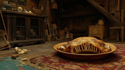 Roasted animal carcass on plate in rustic room.