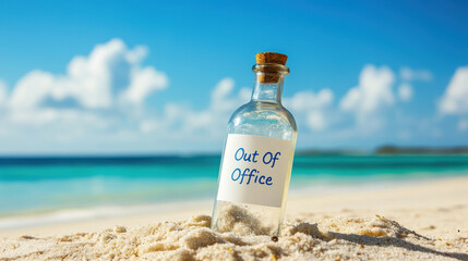 Obraz premium Message in bottle on sandy beach, symbolizing vacation and relaxation. Out of office sign evokes sense of escape