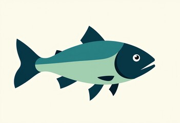 Obraz premium Blue and Green Aquatic Fish: Minimalist, Circular Fins, Geometric Lines, Clean Vector, Ocean Icon, Sea Life Symbol, Simple Design, Pure White Background, Modern Art. 