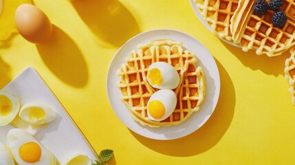 A delicious breakfast spread with waffles- eggs- and a vibrant yellow background- inviting a cheerful start to the day.
