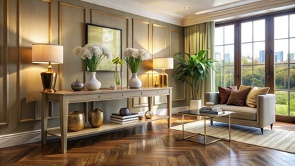 Fototapeta premium Elegant Console Table in Contemporary Living Room Setting with Stylish Decor and Soft Natural Lighting