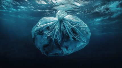 Fototapeta premium Marine life trapped in a plastic bag- floating on the ocean's surface.