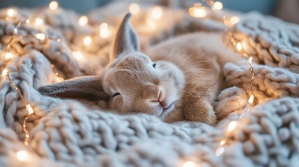 Obraz premium Adorable Sleeping Bunny Relaxing on Soft Blanket with Dreamy Lights