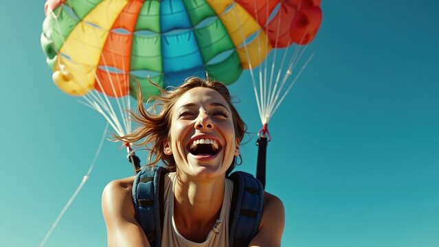 A woman smiles joyfully while parasailing with a colorful parachute against a clear blue sky, her hair blowing in the wind, wearing a harness and backpack