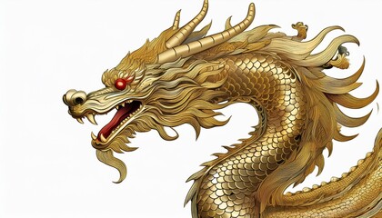 Fototapeta premium Golden dragon statue. Gold dragon ,Chinese zodiac, isolated white background.