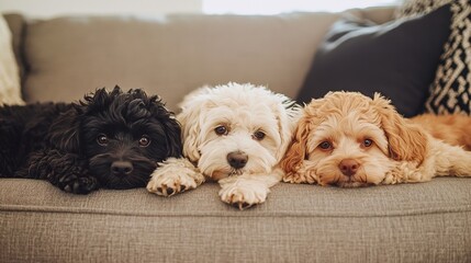 Adorable Trio of Fluffy Puppies Relaxing on a Cozy Sofa