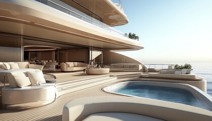 Fototapeta premium Luxury Yacht Deck: Infinity Pool and Relaxing Lounges.
