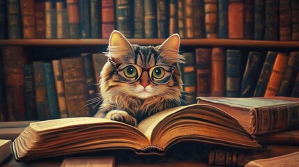 Whimsical cat wearing glasses reading in a cozy old library.