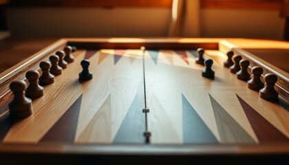 Warm Sunlight Illuminates Wooden Backgammon Board Game