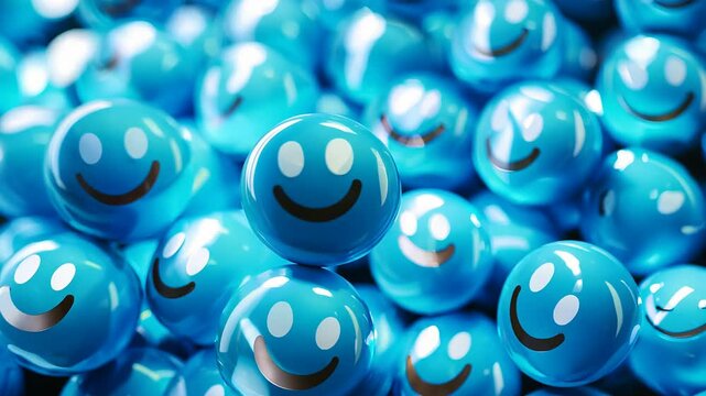 A close-up view of multiple blue balls with happy smiley faces, creating a cheerful and vibrant pattern with glossy reflections.
