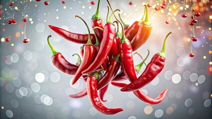 Aerial View of Red Hot Chili Peppers Floating on Clean White Background - Vibrant Spice, Culinary Ingredient, Fresh Produce, Natural Color, Healthy Spicy,