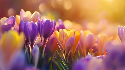 Beautiful Purple and Yellow Crocus Flowers in Spring Garden with Blurred Background