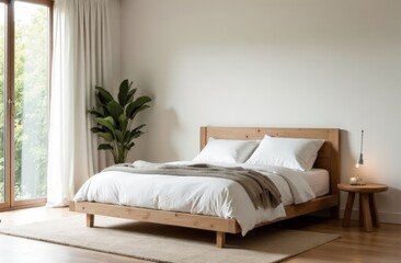 Interior of bedroom with bed, shelving unit and folding screen