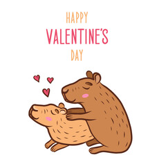 Greeting card with two cartoon capybaras and text Happy Valentine's day. February, 14. Vector illustration about love.