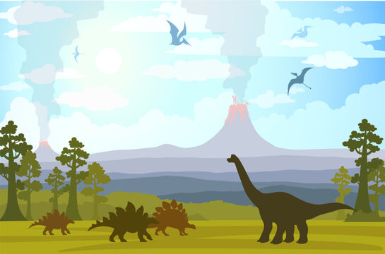 Prehistoric landscape with active volcano, ancient plants and silhouette of extinct dinosaurs. Vector nature wild  illustration on the Jurassic period. 