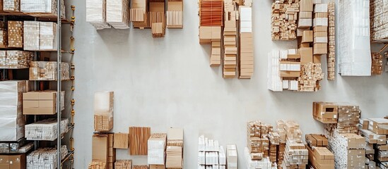 Aerial view of a busy warehouse filled with neatly stacked cardboard boxes and wooden pallets, showcasing efficient organization and storage solutions