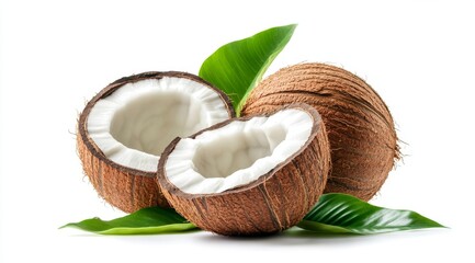 Tropical coconut halves, leaves, white background, food