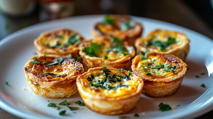 Savory mini quiches with golden flaky crusts filled with creamy spinach and cheese, garnished with fresh parsley, arranged on a rustic wooden serving board