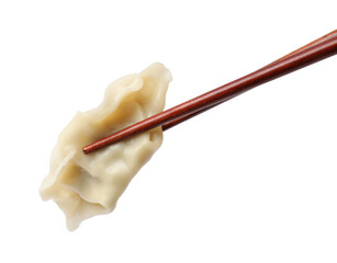 Chopsticks with fresh gyoza dumpling isolated on white