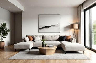 Fototapeta premium Living room interior design in modern style with white sofas and coffee table. High quality photo