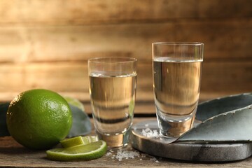 Tequila shots with salt, limes and agave leaves on table