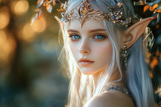Fairytale Elf Woman with Golden Crown and Blue Eyes