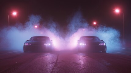 Two Modified Hatchbacks Surrounded by Neon Fog at Night