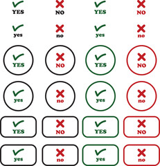 Sharp green checkmark and red cross icon set on isolated transparent background black vector symbol for right and wrong choices. Modern flat and line design symbol tick sign collection. Yes or No.