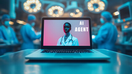 An AI agent doctor on a laptop screen during a surgery at a hospital with surgeons performing an operation symbolizing autonomy and agentic medical support in healthcare