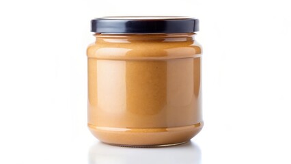 Peanut butter jar with a label on a plain white background, peanut butter, jar, isolated, white background, food, spread