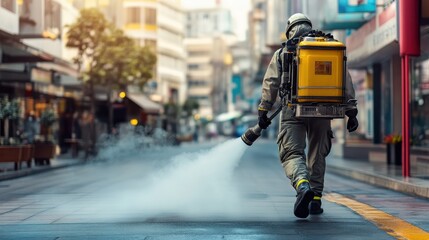 Worker Spraying Disinfectant in Urban Environment for Sanitation