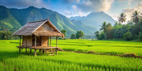 Fototapeta premium Scenic bamboo hut surrounded by lush green rice paddy fields in Laos, Laos, bamboo hut, scenic, rice paddy, green