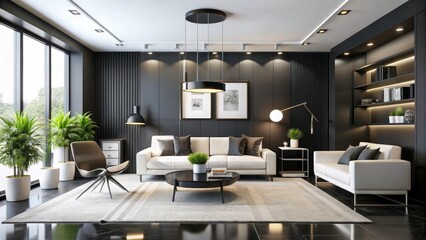 Elegant Black and White Interior Design with Modern Furniture, Minimalist Decor, and Ample Copy Space for Creative Use in Architecture and Home Decor Projects