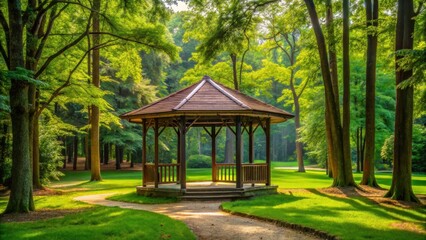 Obraz premium Pavilion surrounded by dense green forest in a tranquil park setting, pavilion, lush greenery, trees, forest, nature