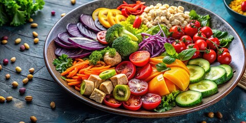 Close-up of a colorful plate filled with a variety of delicious foods, plate, close-up, colorful, variety, delicious, food, meal