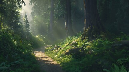 green forest with tall trees and sunlight filtering through the dense canopy. A narrow dirt path winds through the woods, surrounded by vibrant ferns and moss-covered rocks. The air appears 