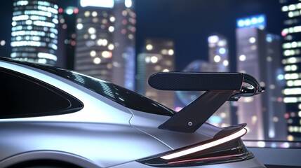 Close-Up View of Sport Car Rear with Carbon Fiber Spoiler Against City