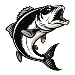 Fototapeta premium A Striking Black and White Illustration of a Fish Leaping Out of the Water with an Open Mouth, Featuring Detailed Fin and Tail Movement, All Captured in a Bold, Stylized Design