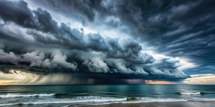 Dark and ominous thunderstorm clouds rolling in over a stormy ocean ,  storm, lightning, waves, weather, dramatic, nature, power
