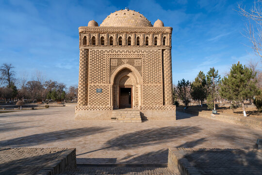 The oldest monument of Central Asian monumental architecture is the Samanid dynastic mausoleum in the historical center of the city on a sunny day, Bukhara, Uzbekistan