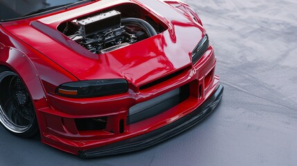 Naklejka premium Close-Up Front Corner View of a Modified Red Sports Car with Tuner