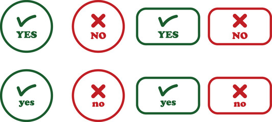Sharp green checkmark and red cross icon set on isolated transparent background black vector symbol for right and wrong choices. Modern flat and line design symbol tick sign collection. Yes or No.