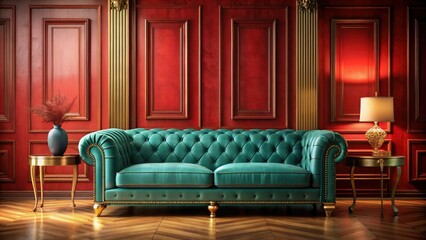 Obraz premium Elegant Teal Sofa with Luxurious Red Gold Interior Wall in Modern Building Decor Concept â€“ Long Exposure Photography for Contemporary Design Inspiration