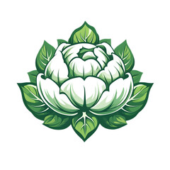Stylized illustration of a white flower with green leaves against a black background, embodying elegance and nature