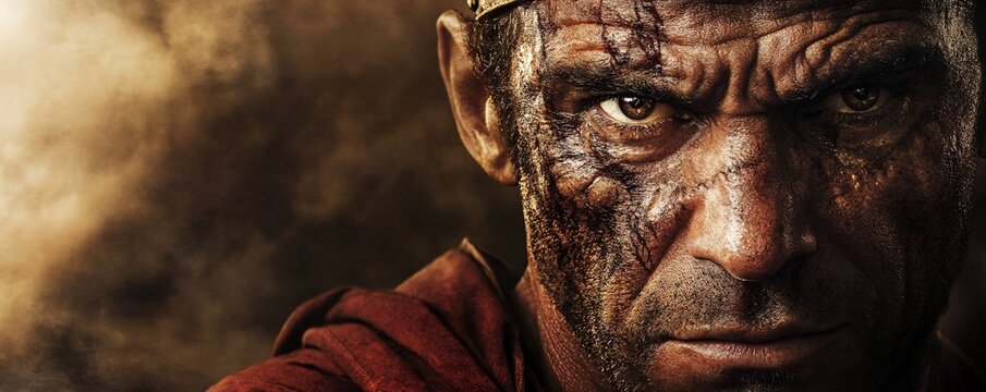 Veteran roman general with scars wearing helmet showing determination